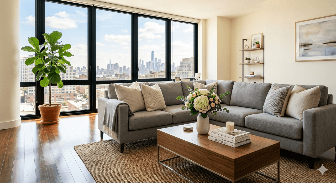 A bright living room freshly cleaned